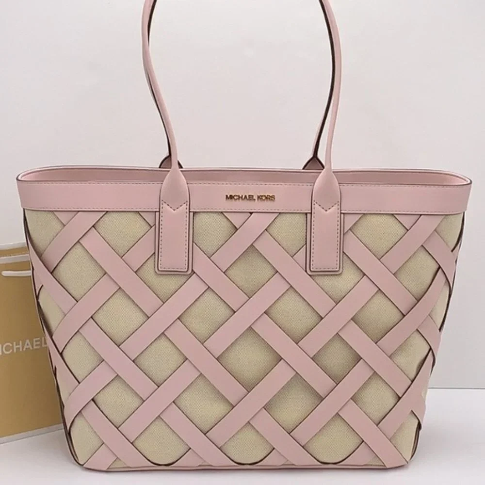 Michael Kors Sienna Large Tote Shoulder Bag Powder Blush Leather Canvas